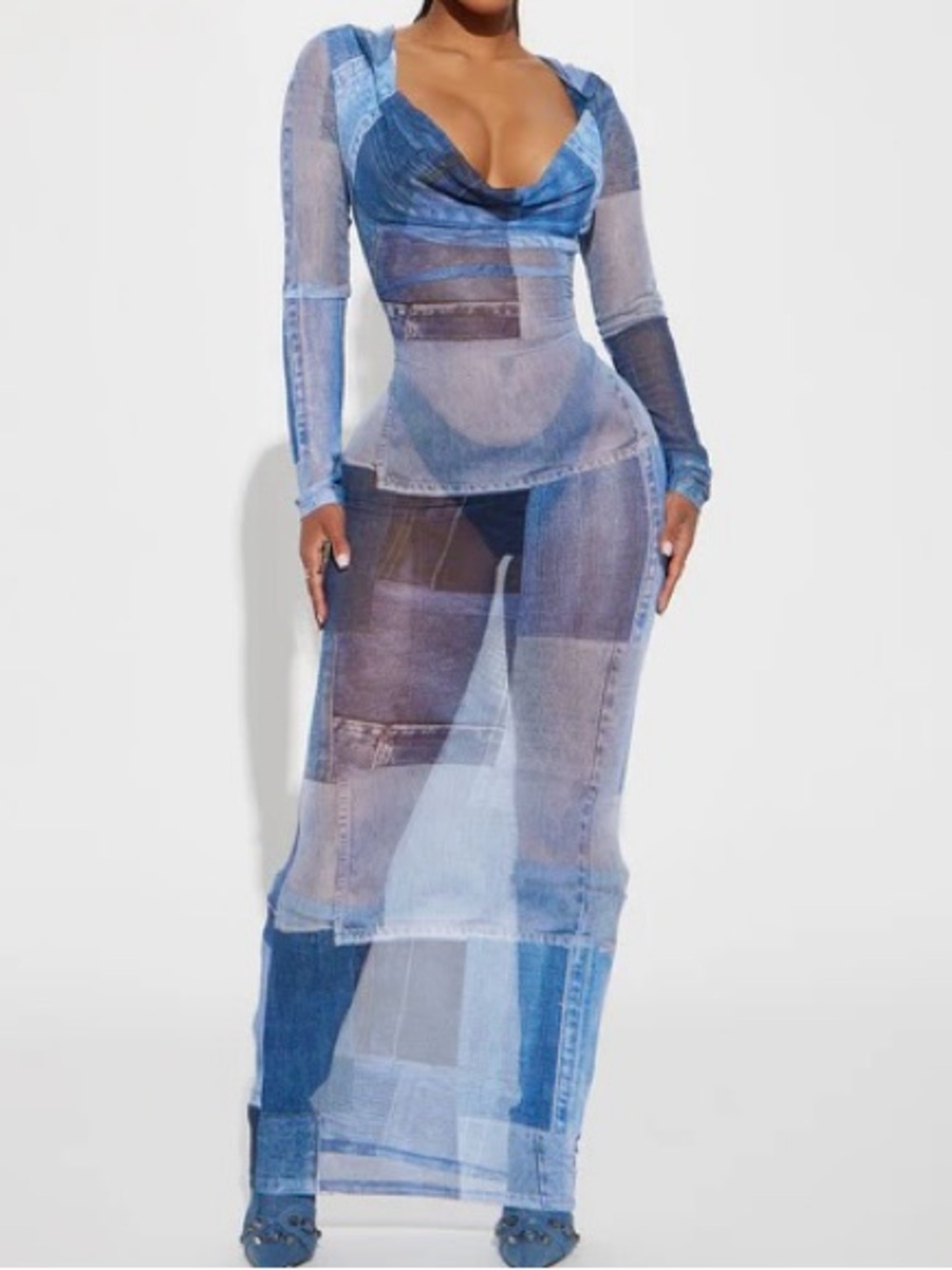 Fashion Nova Dayna Sheer Hooded Denim Print Maxi Dress